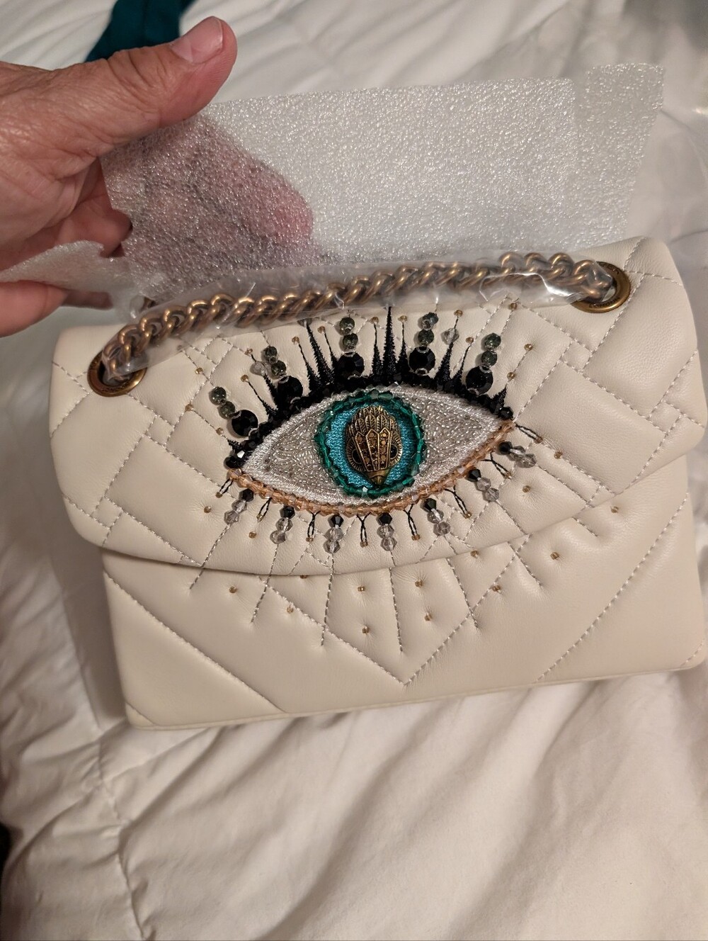 Kurt Geiger White Quilted Shoulder Bag with Embroidered Eye